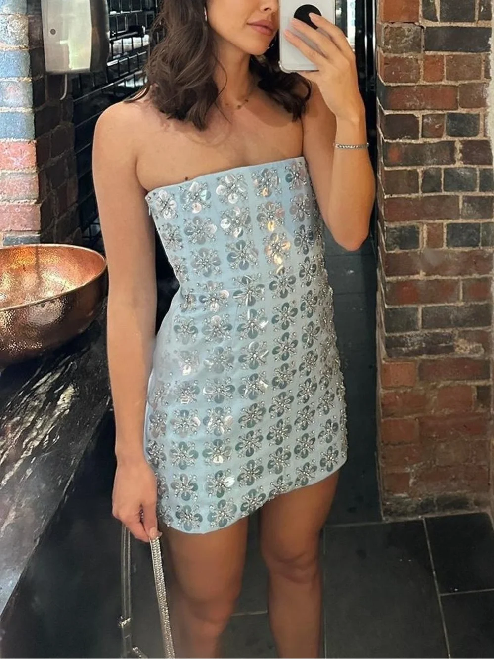 oh polly blue glitter dress Embellished Sweetheart-Neck Mini Dress in Light Blue - 8